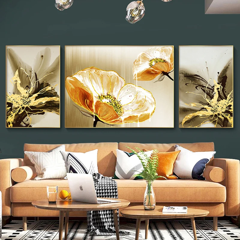 

Nordic Abstract Golden Flowers Light Luxury Wall Art Oil Painting Printed on Canvas Modern Poster Painting for Living Room Decor