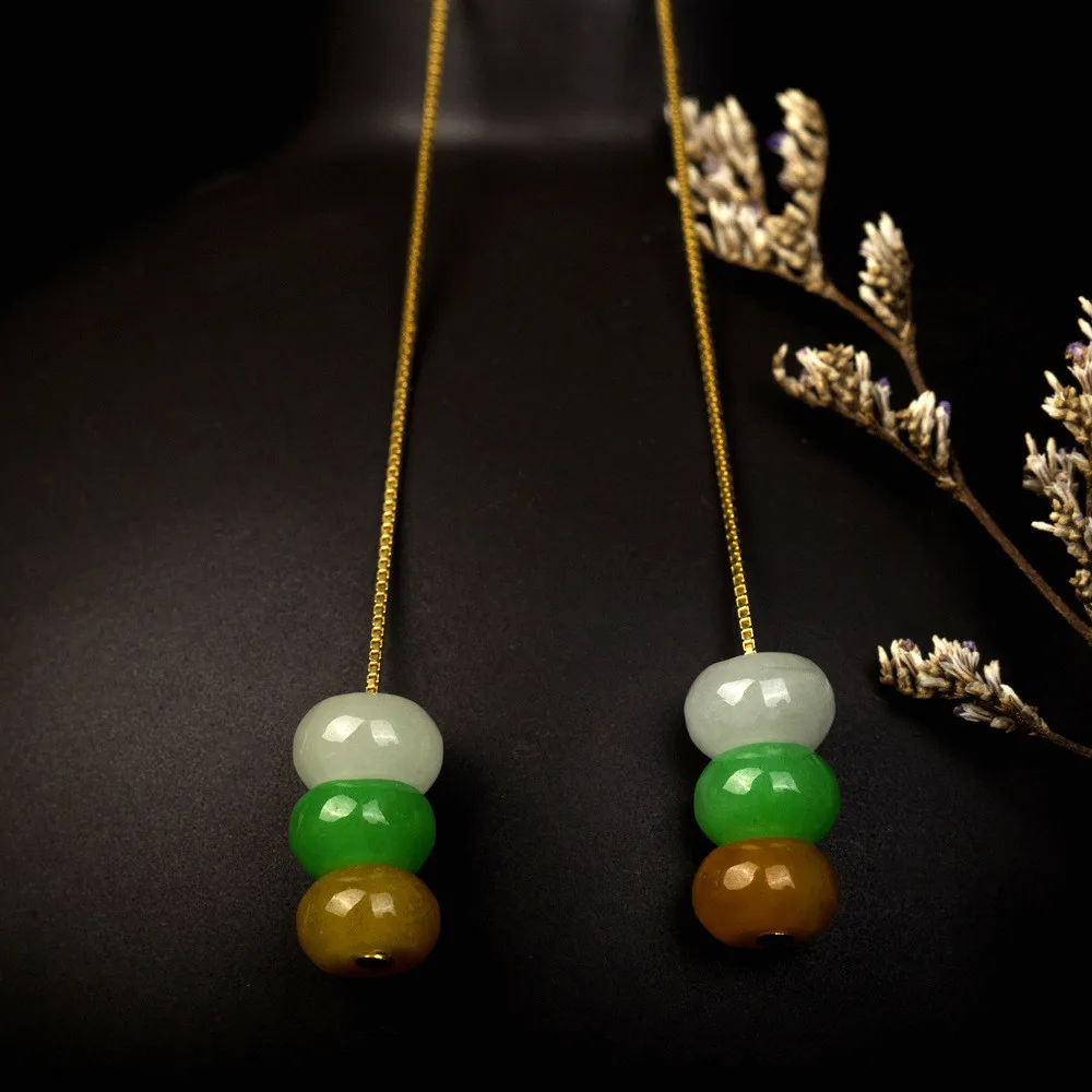 

Natural Three-color Jadeite Abacus Bead Earring S925 Silver Long Ear Line Earrings Women Party Charm Jewelry Girl Cute Gifts