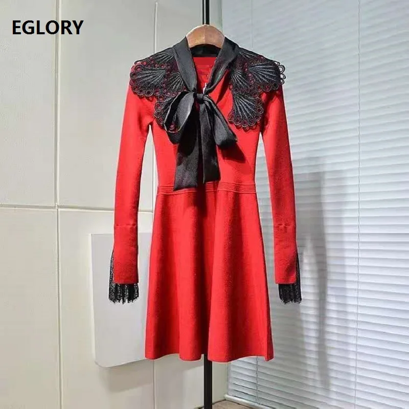

2020 Autumn Winter Style Sweater Dress High Quality Women Bow Collar Hollow Out Lace Embroidery Red Black Casual Knitted Dress