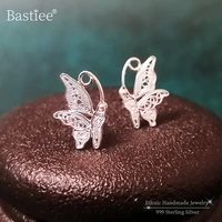 bastiee 999 pure silver butterfly stud earrings for women cute stud tips miao handmade luxury jewelry vintage ethnic earing