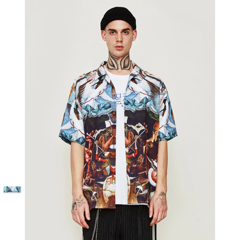 

VIMASS Men's Short Sleeve Shirt High Street Abstract Literature Painting Casual Loose Design Men's Cool Social Shirt 2020 New