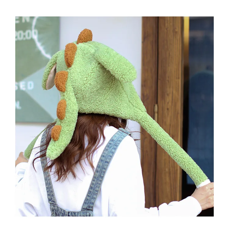 Dinosaur Beanie Hat Female Winter Funny Cute Knitted hats Woolen Warm with moving ears Earmuffs Gift Home Outdoor 2021 bomber trapper hat