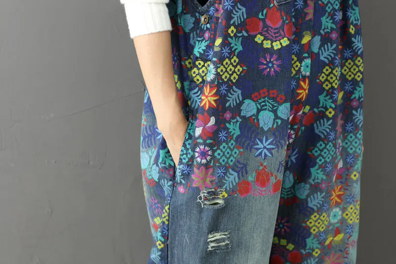 

Wide Leg Bib Denim Overalls 2019 Women Vintage Printed Flower jean Jumpsuits Female Large size Drop Crotch Denim Rompers G101501