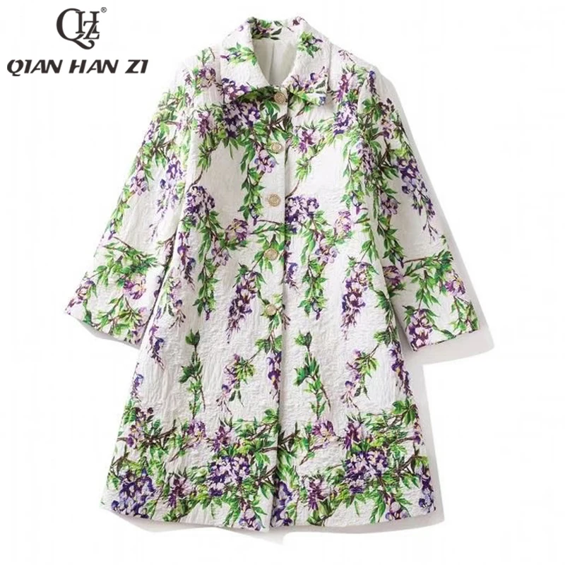 

QHz designer fashion runway jacket Long sleeved amazing print Jacquard Single-breasted Loose trench coat Women fall winter