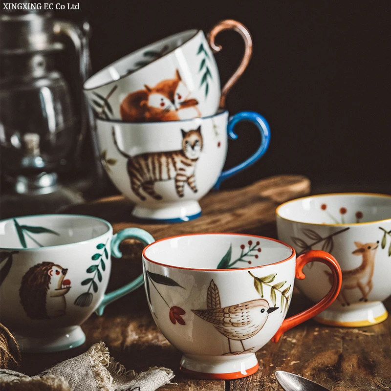 

Nordic Style Retro Ceramic Coffee Cup Home Office Breakfast Cup 400ml Mark Cup Hand-painted Sunflower Craft Simple Dining Tools
