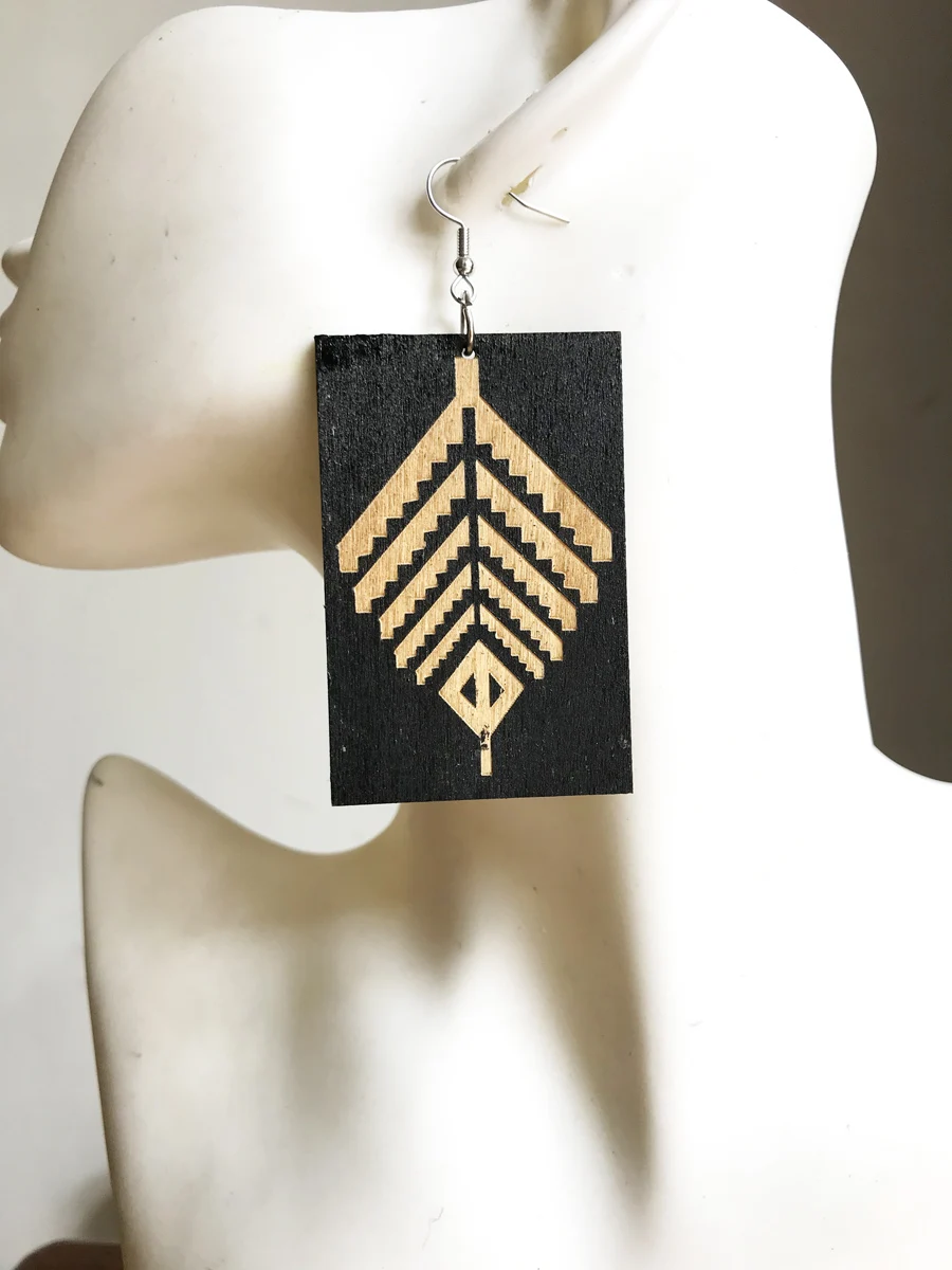 Новое поступление прямоугольные деревянные серьги в этническом стиле с лазерной