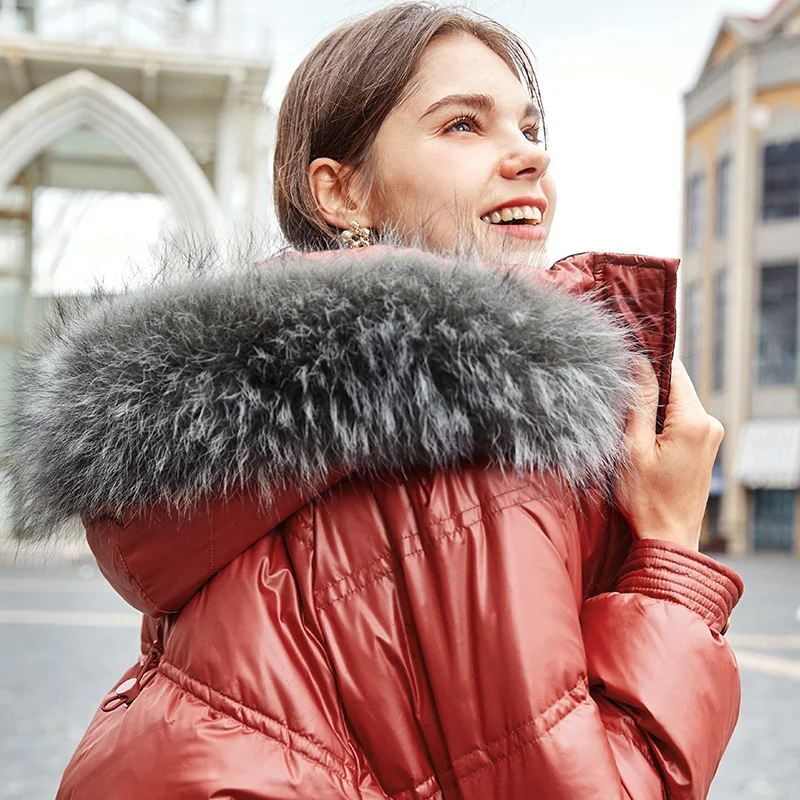 

SHZQ Down Jacket Women's Middle Long 2021 Winter New Small 90 White Duck Down Big Hairy Collar Red Coat