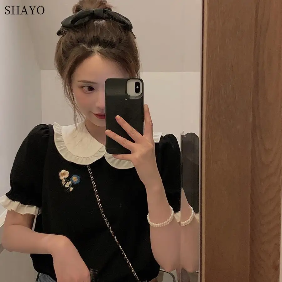 Женская летняя блузка с воротником Питер Пэн черные топы коротким рукавом