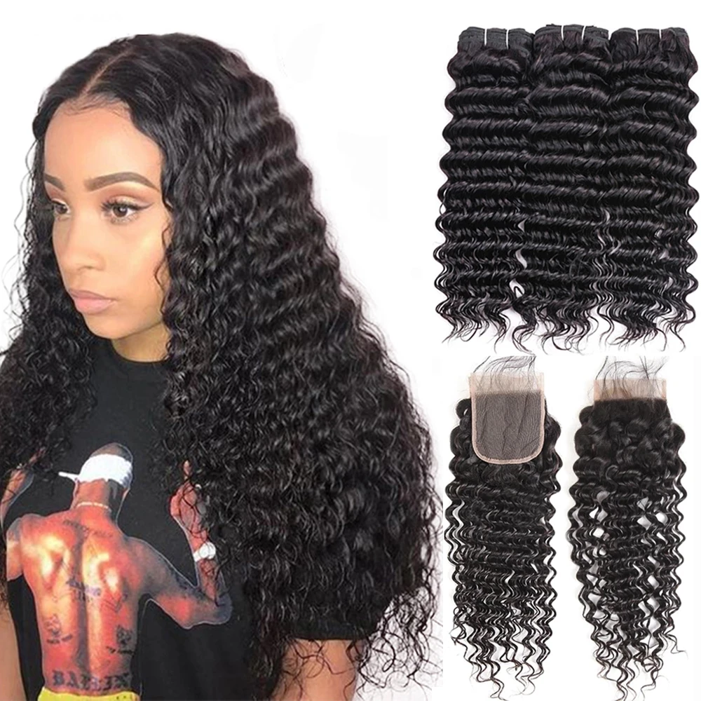 Deep Wave Bundles With Closure Brazilian Human Hair Weave 3 4 Remy 30 Inch Natural Color Ms Love | Шиньоны и парики