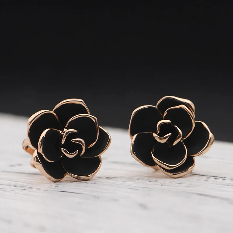 18K позолоченные серьги гвоздики с черной розой для женщин|Ювелирные наборы| |