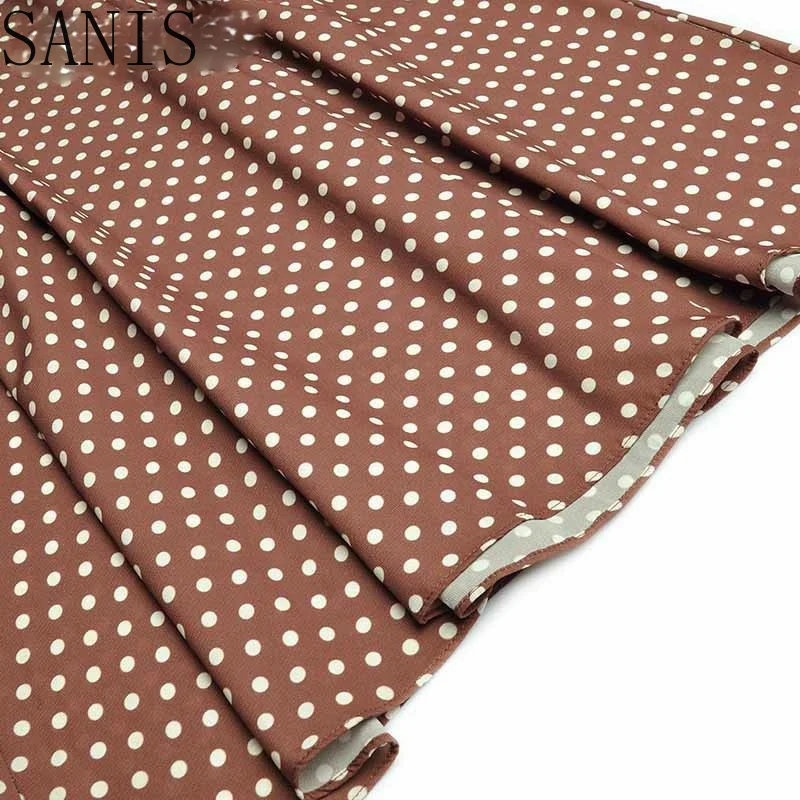

Sanis Fashion Designer dress Summer Women's Dress Gold Line Embroidery turn-down collar Dots Vintage lace-up Slim Dresses