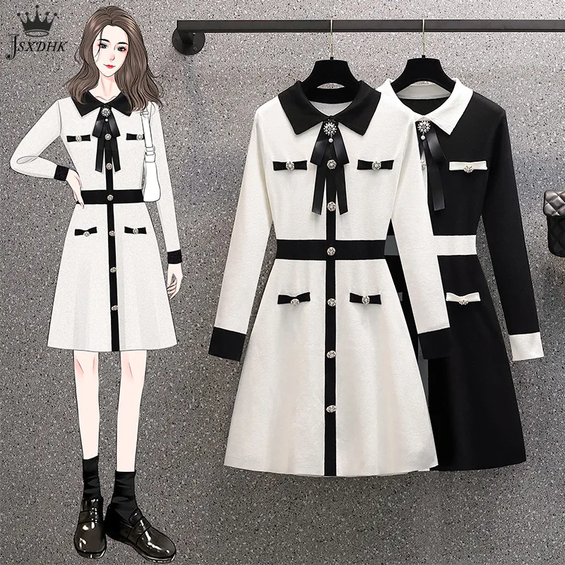 

Женское трикотажное платье-свитер, однобортное платье-свитер с отложным воротником и длинными рукавами, осень 2021