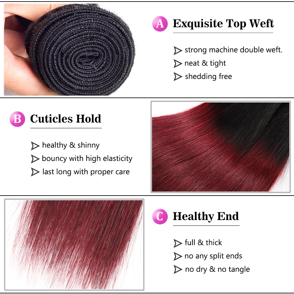 Омбре бразильские прямые волосы пучки с фронтальной Remy бордовый человеческие