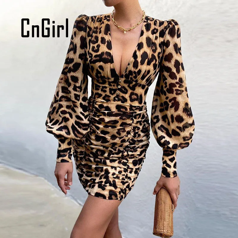 

CnGirl Retro Dress Women Fashion Print Leopard Long Puff Sleeve V-neck Vintage Bodycon Floral 2021 Fall Female Mini Dress Robes