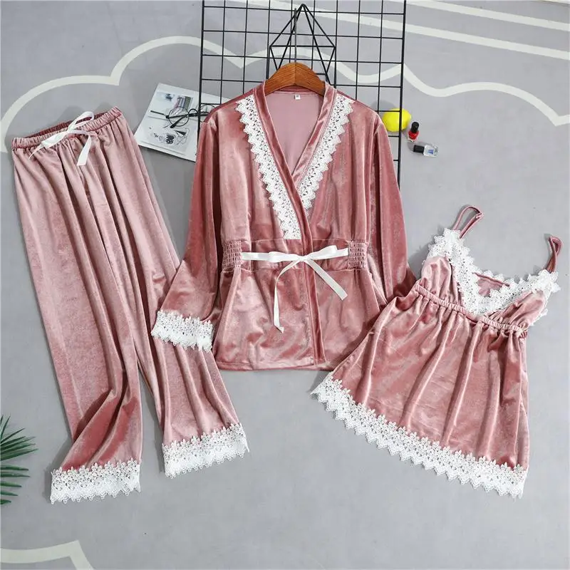 Style 992-B Бургундия Весна велюровые пижамы наборы женские 3 шт ремень Топ брючный костюм повседневная домашняя ночная рубашка сексуальный халат - Цвет: Style 992-B