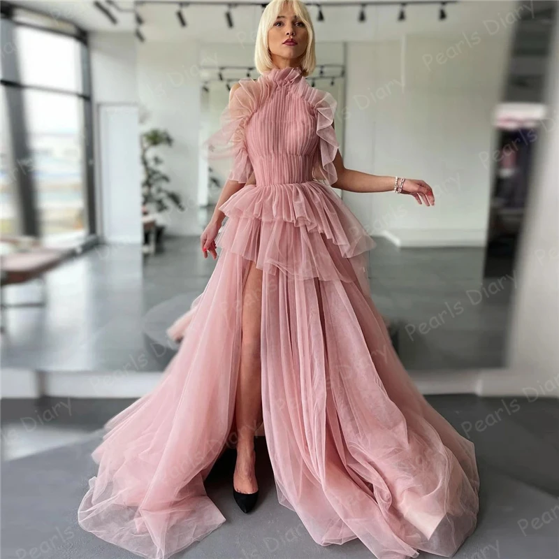 

Demure Elegant Prom Dresses High Neck Sleeveless Backless Ruffle High Waist Sweep Train Said Slit Puffy Tulle Evening Gown