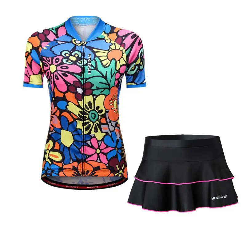 WOSAWE Летняя женская мини юбка+ рубашка Ropa Ciclismo Велоспорт Джерси наборы дышащий MTB велосипед одежда с коротким рукавом Одежда - Цвет: BL101BL212