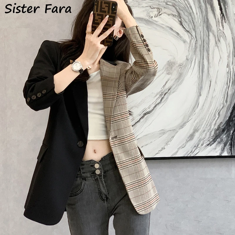 

Sister Fara New Spring Autumn Chic Patchwork Plaid Blazers Women's Loose Single Button Blazers Ladies Casual Jacket Blazer Coat