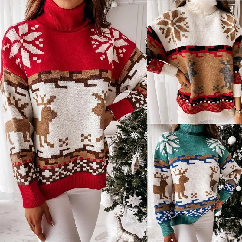 

High Neck Christmas Deer / Snowflake Print Knit Sweater