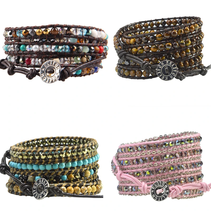 

KELITCH Leather Stone bracelet Crystal Beads 5 Wrap Bracelets for Women Men Chains Jewelry Decorations Girls Anime