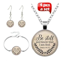 bible verse art photo jewelry set cabochon glass pendant necklace earring bracelet totally 4 pcs for womens girl fashion gifts
