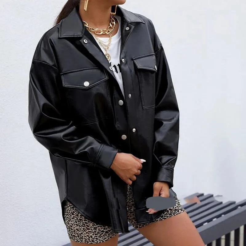

Women's Pu Leather Jackets Oversize Female Long Sleeve Coat Loose Autumn Lady Fashion Pockets Tops 2022 Casual Streetwear Jacket
