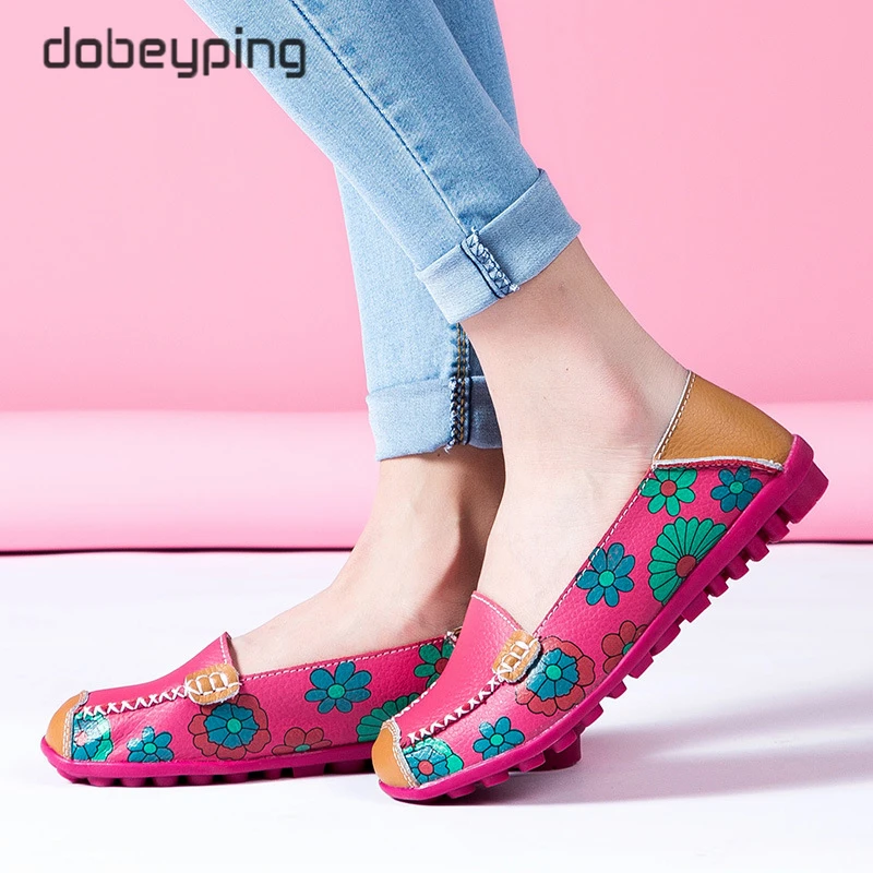Spring Autumn Women's Loafers Printing Flower Genuine Leather Woman Flats Shoe Slip On Female Moccasins Shoes Large Size 35-44