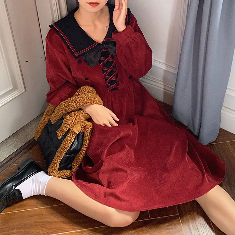 

MAGOGO Wine Red Retro Corduroy Dress Women Autumn And Winter Long Sleeve Gentle Wind Long Dress