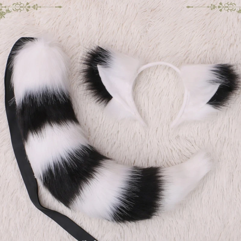 2 Pcs Realistic Furry Cat Ears Headband Tail Set Contrast Color Fluffy Plush Striped Animal Cosplay Costume Accessories | Тематическая