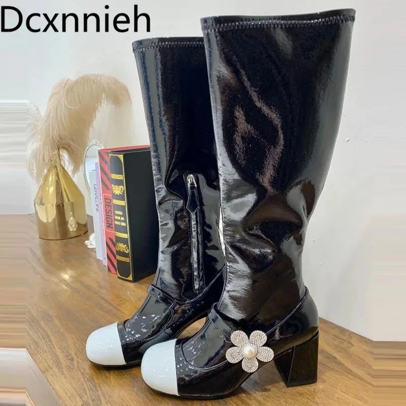 

Crystal Flower Decor Women Knee High Boots Shiny Leather Gorgeous Women Chunky Heel Squared Heel Nice Bootie Runway Shoes Mujer