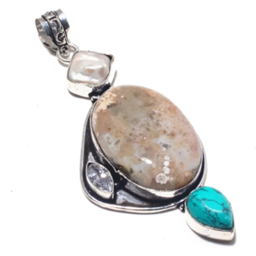 Подлинная океанская яшма + Бирюзовая подвеска серебряная верхняя Медь Ювелирные