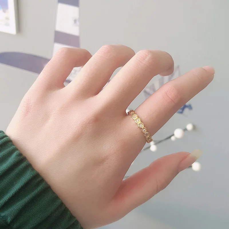 

925 Sterling Silver Korean Fashion Inlaid Zircon Gold Ring Temperament Adjustable Retro Personality Women's Ring Gift