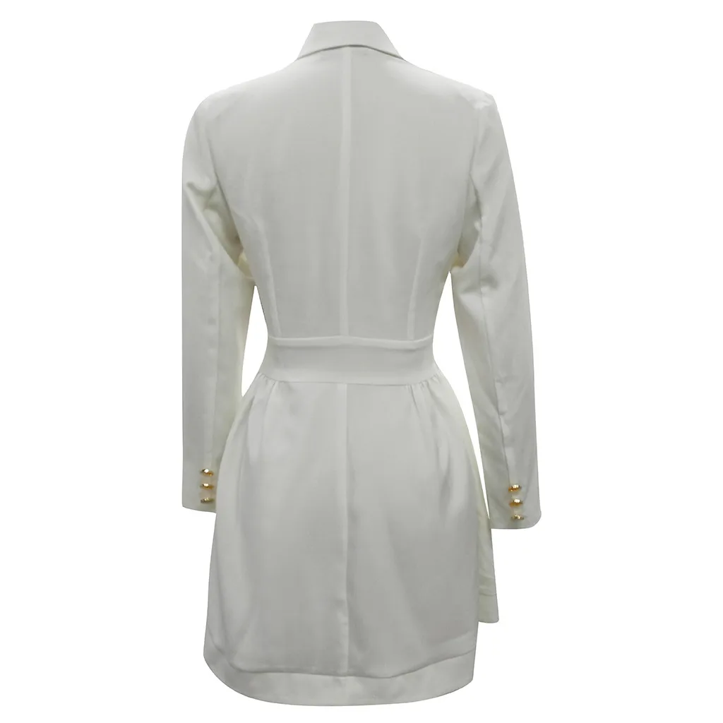 

White Work Dress Women V Neck Blazer Tops Long Sleeve Pockets Ladies Office Wear Dresses Elegant Dress Women ropa mujer 2020