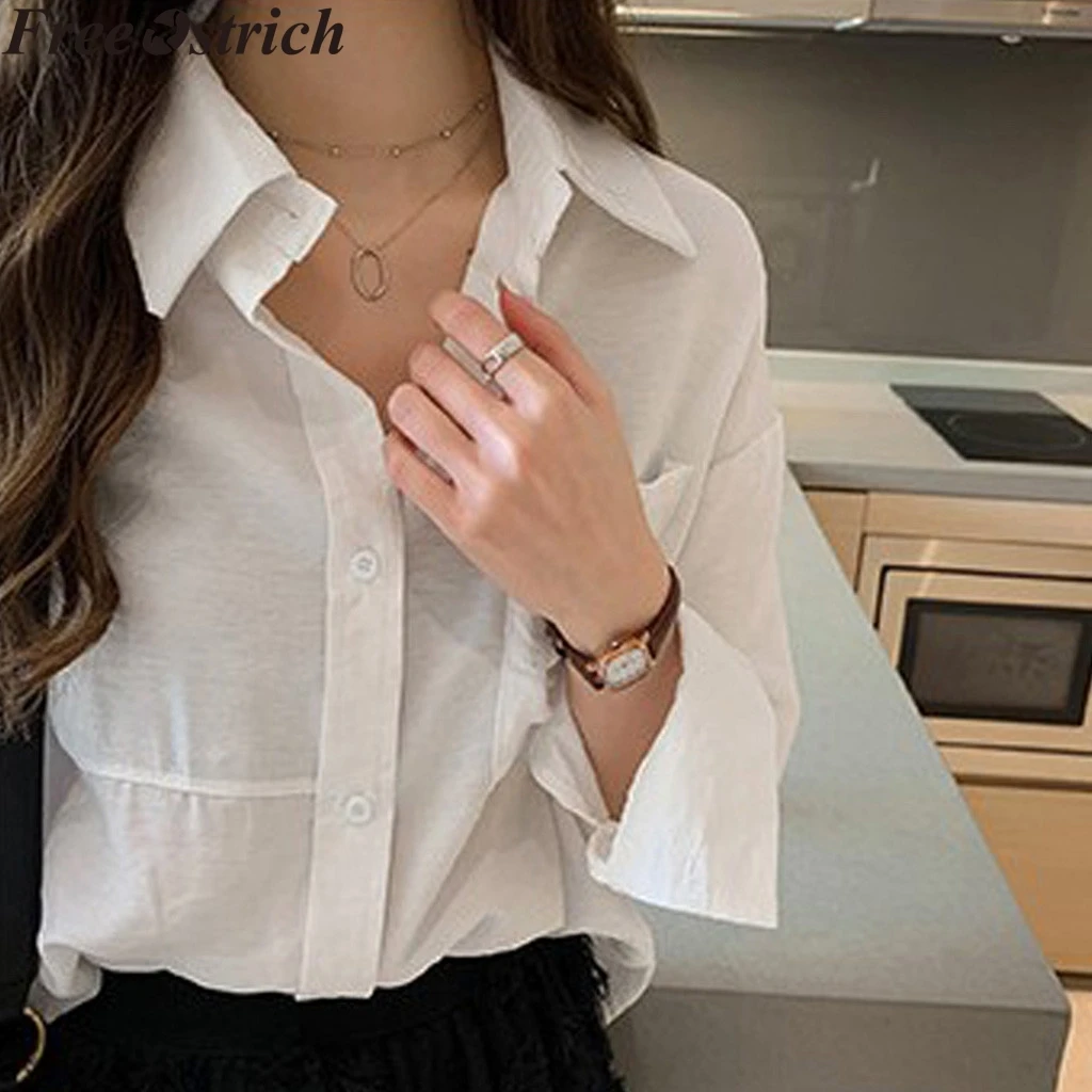 Женская офисная блузка с длинным рукавом однотонная свободная деловая белая