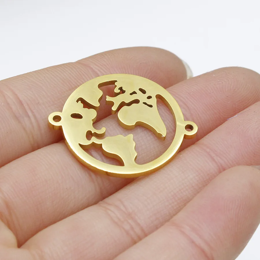 

Stainless Steel Hollow World Map Charm 2 Hole Round Earth Charms Connector For Bracelet Mirror Polished Wholesale 10pcs