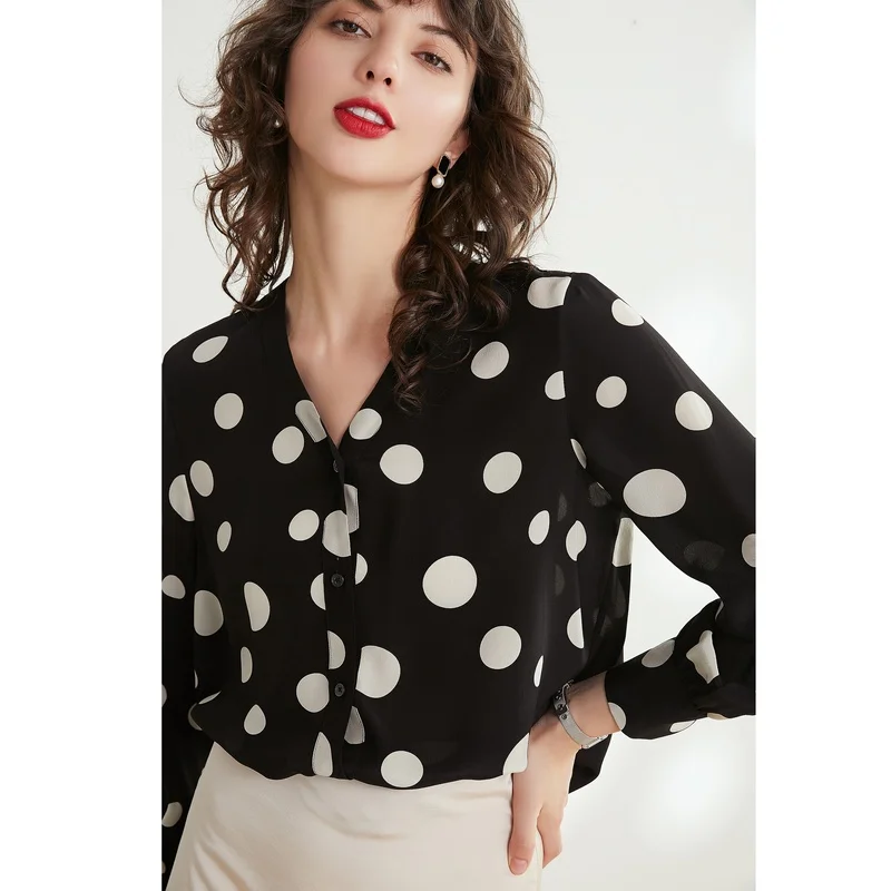 Женская блузка в горошек офисная из 100% натурального шелка с длинным рукавом 2019 |