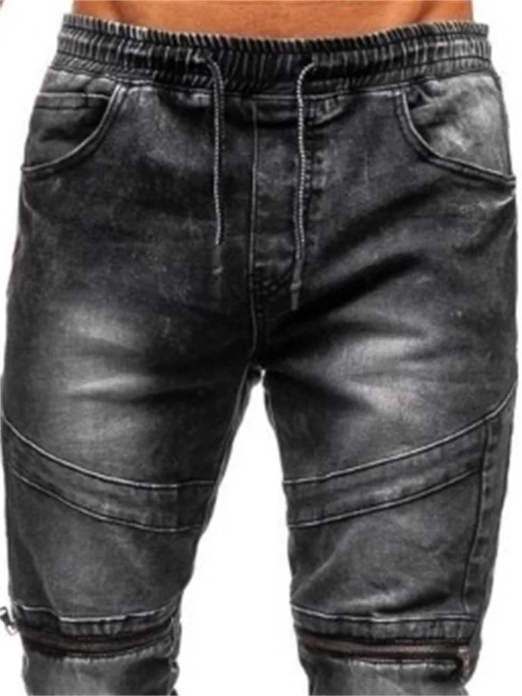 EH·MD® Men's Harem  Jeans Drawstring Sweatpants Dark Blue Large Size Highly Elastic Slim Loose Fashion Splicing Drawstring Pants