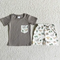ready to ship kids summer short sleeve outfit baby boy cute dinosaur outfits teenages cotton clothing set with pocket