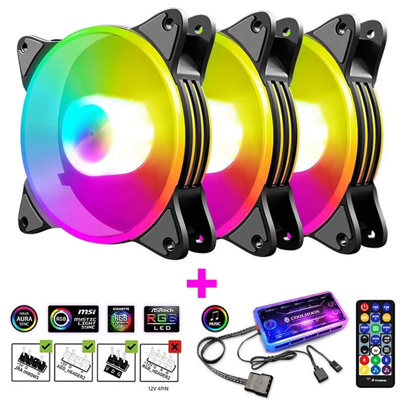 

COOLMOON 3PCS Cooler 5V ARGB SYNC Music Rhythm RGB Computer Cooling Fan CPU Cooler PC Case Radiator with Remote Controller