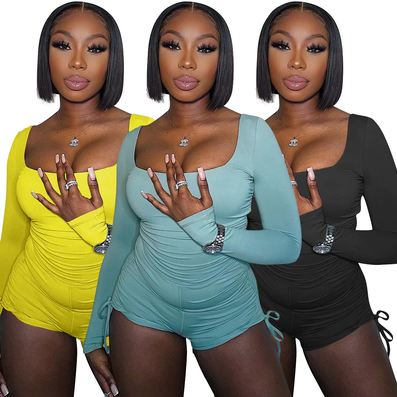 

Bodysuit for Women's Clothing Solid Color Fashion Long Sleeved Tie Up Sexy Square Collar Pleated Tight Fitting Casual Jumpsuit