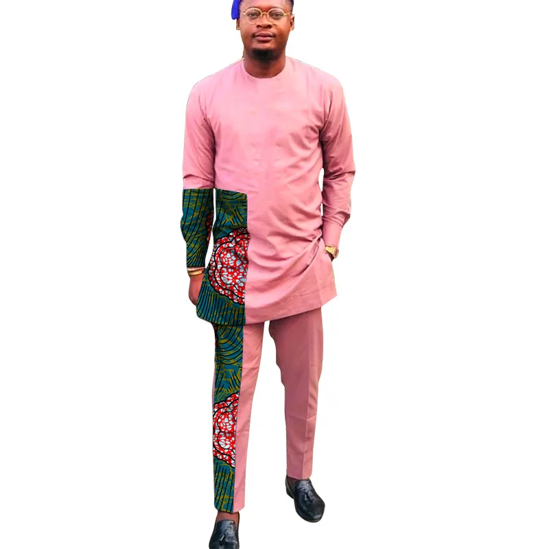 Modern Design African Fashion Pink Men's Pant Sets O Neck Top And Trouser Patchwork Male Outfits Dashiki Suits | Тематическая
