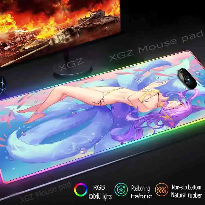 Большой игровой коврик для мыши XGZ с аниме и сексуальным хвостом девушек RGB черный