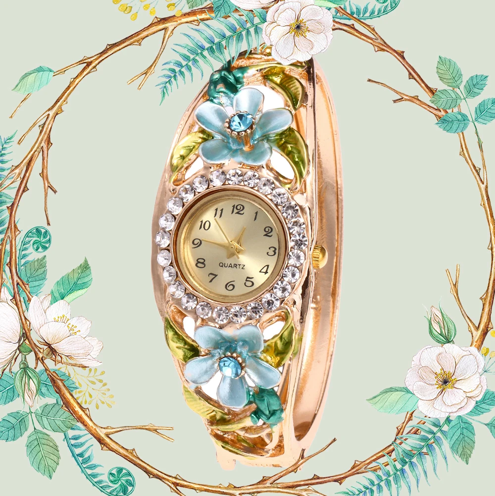 Цветочные женские часы роскошный дизайн бриллиантовые браслеты платье
