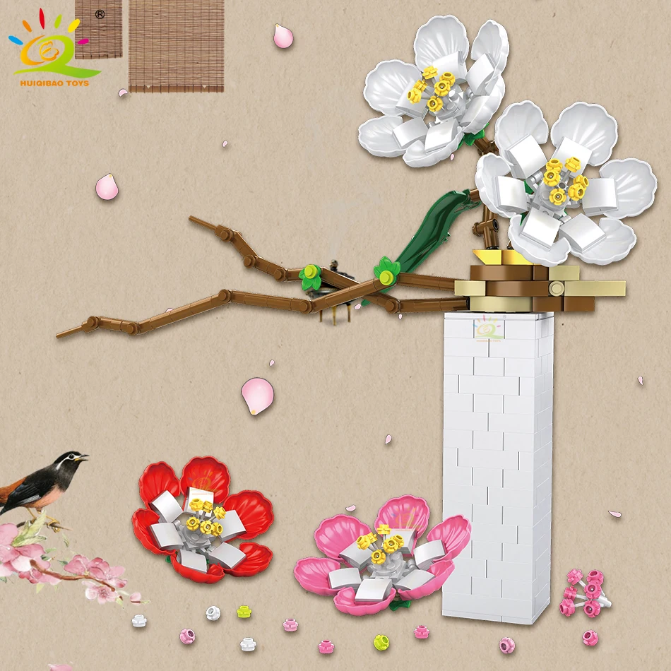 

HUIQIBAO 398Pcs City Plum Blossom Flower Building Blocks Wintersweet Decoration Creativity Bricks Toys For Children friends