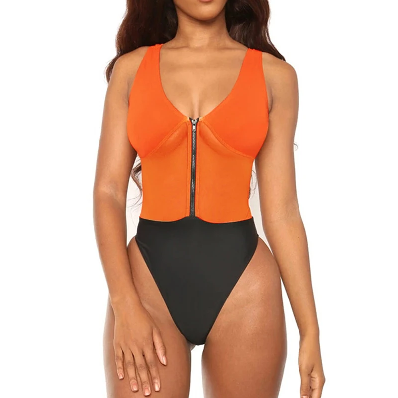 Оранжевое на молнии сдельный купальник 2019 сетчатый из кусков для женщин