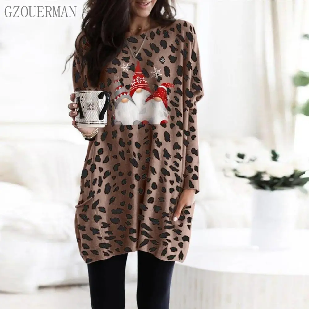 

2021 New Fashion Women Lady Autumn Winter Christmas Leopard Printed Pullover Long Sleeve O-neck Pockets Loose Tops T-shirt