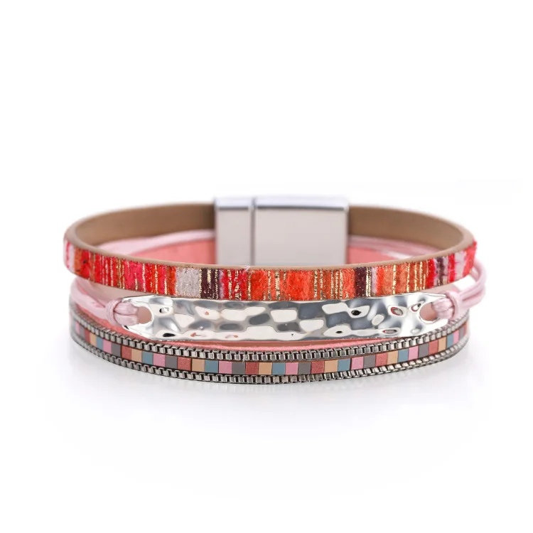 

New Ethnic Style Bracelet for Women Geometric Fashion Thin Chain Bracelet Ladies Color Matching Leather Magnet Buckle Jewelry