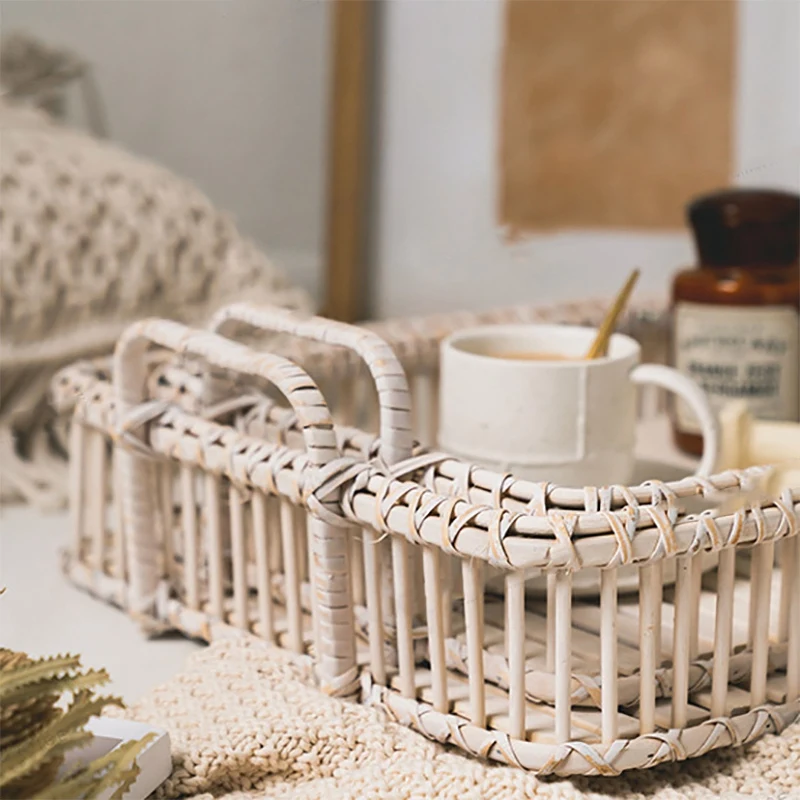 

Trays Decorative Simple Retro Handmade Rattan Household Square Storage Tray Rattan Tray Desktop Organizer