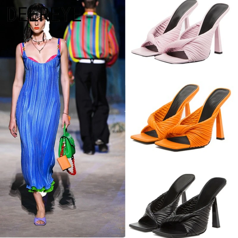 

2021 Fashion Trend Fancy Square Toe Women Stiletto Microfiber Leather Pleated Multi-Color High Heel Sandals Slip On Mules Shoes