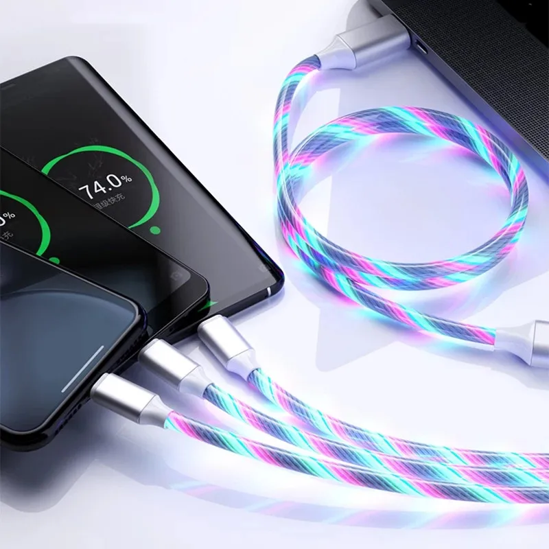 

3 in 1 Cable USB Type C Cable Glow Flowing 1.2M Cord LED Lighting Fast Charging USB Micro Charger Cable Wire for iPhone Samsung